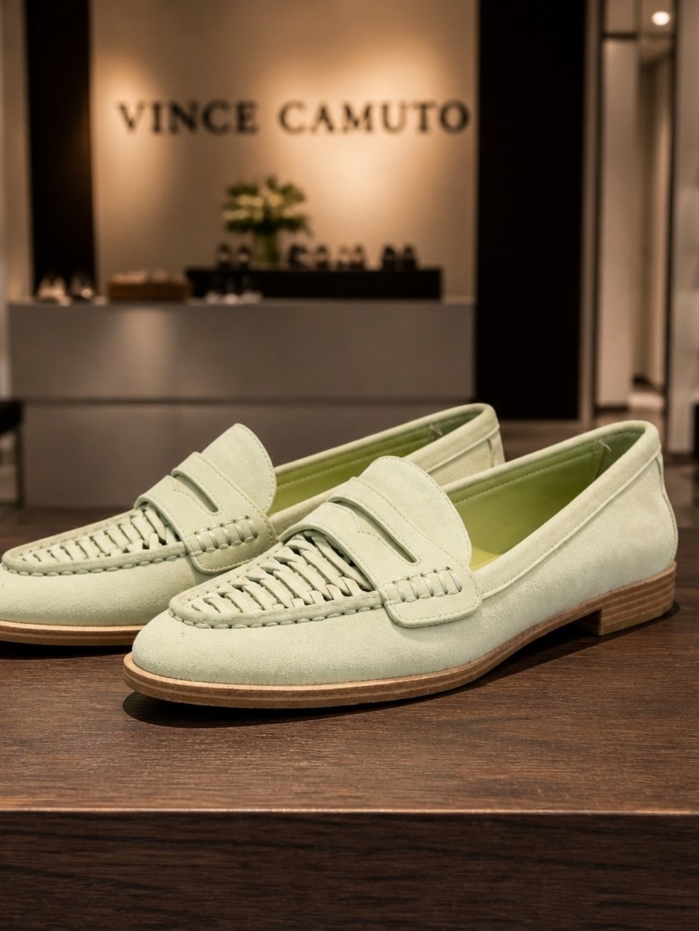 Vince Camuto Light Mint Suede Woven Penny Loafers
